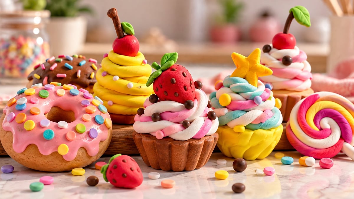Colorful decorative desserts and pastries including frosted cupcakes, donuts, candy, and sweets arranged on a surface