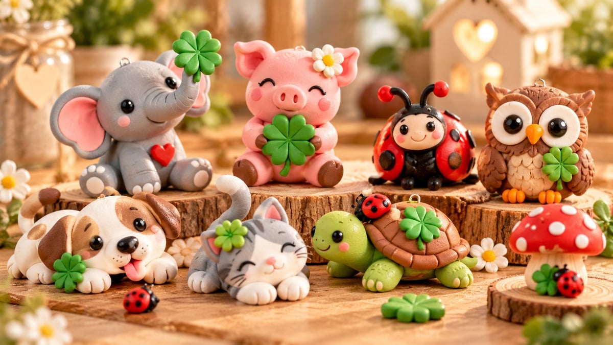 Cute handmade felt animal toys with shamrocks and ladybugs arranged on wooden logs and lucky charms